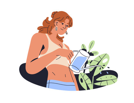 Woman caring about houseplants with watering can. Happy young female enjoying indoor gardening, growing green leaf plants. Modern eco hobby. Flat vector illustration isolated on white backgroundのイラスト素材