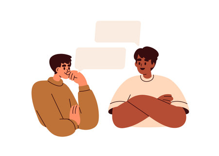 Men conversation with speech bubbles. People in dialogue, discussing, talking, speaking, chatting about ideas. Communication, discussion concept. Flat vector illustration isolated on white backgroundのイラスト素材