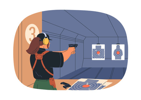 Shooting range session with pistol. Woman aiming at bullseye target with handgun in hands. Professional athlete during sport training with gun. Flat vector illustration isolated on white backgroundのイラスト素材