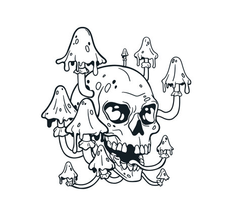 Skull with toxic mushrooms, creepy haunted head bone, spooky ink drawing. Halloween tattoo design. Death skeleton and fungi, tatoo sketch. Hand-drawn vector illustration isolated on white backgroundのイラスト素材