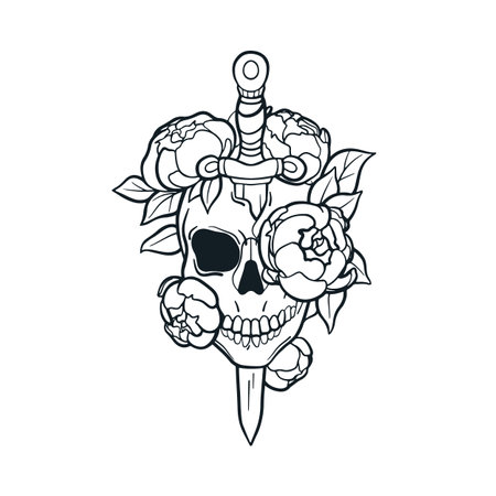 Skull with flowers pierced by dagger. Skeleton head bone, sword blade, rose blossom, ink tatoo design. Vintage style drawing. Engraved hand-drawn vector illustration isolated on white backgroundのイラスト素材