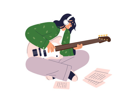 Musician playing electric guitar, composing music, sitting on floor with note sheets. Happy creative woman creating melody on string instrument. Flat vector illustration isolated on white backgroundのイラスト素材