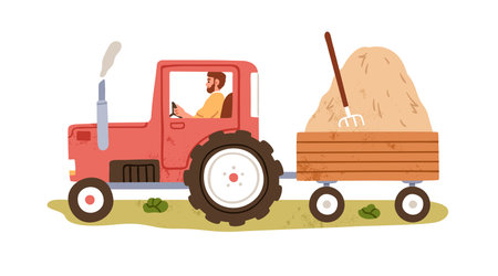 Farmer driving tractor, trailer with hay heap, haystack in countryside. Man, agriculture worker, field transport, vehicle. Farm works. Rural flat vector illustration isolated on white backgroundのイラスト素材