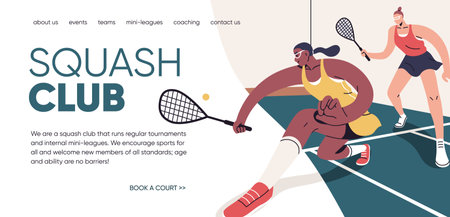 Squash club, website design. Female athlete players with racquets and ball in gym, web page background layout, site template. Sport school, online internet webpage. Flat vector illustrationのイラスト素材