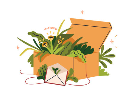 Eco-friendly cardboard box with green leaf plants, flowers inside. Biodegradable package for gifts and organic products. Recycled kraft carton. Flat vector illustration isolated on white backgroundのイラスト素材