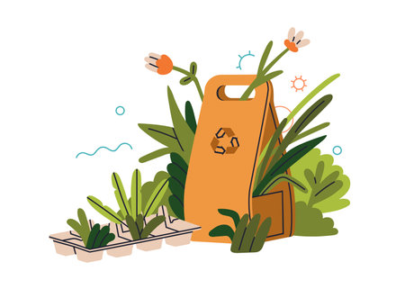 Eco-friendly paper bags, packs and green leaf plants, flowers. Natural bio package. Sustainable shopping. Zero-waste and conscious consumption. Flat vector illustration isolated on white backgroundのイラスト素材