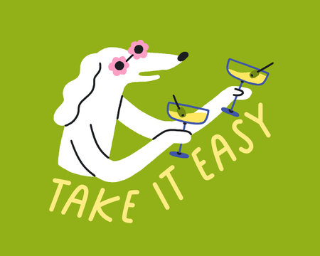 Funny dog character celebrating holiday with cocktail, relaxed vibe. Cute happy puppy, canine animal with alcohol drink and Take It Easy phrase. Humor comic card design. Flat vector illustrationのイラスト素材