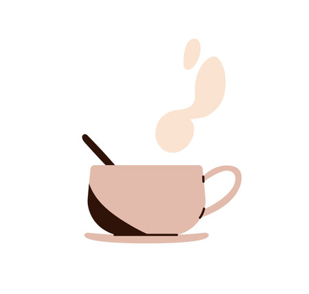 Hot coffee cup with steam, morning break. Aromatic warm beverage, cappuccino for warmth and energy. Breakfast drink in mug, teacup on saucer. Flat vector illustration isolated on white backgroundのイラスト素材