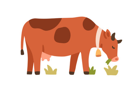 Milk cow grazing in country pasture. Cute farm dairy animal with neck bell feeding in countryside field. Eating grass, agriculture scene. Flat vector illustration isolated on white backgroundのイラスト素材