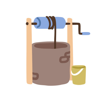 Old water well with bucket. Traditional drink source. Rural country structure. Farm countryside village construction with rope and crank. Flat vector illustration isolated on white backgroundのイラスト素材