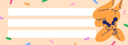 Blank notepad page design. Horizontal sheet with colorful elements, cute girl character, confetti decor. Funny memo paper background with empty lines for writing. Colored flat vector illustrationのイラスト素材