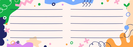 Notebook page design. Blank background with abstract shapes, colorful doodle elements, creative decoration, empty horizontal lines for writing. Notepad paper template. Flat vector illustrationのイラスト素材