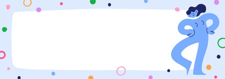 Blank page design, dotted decorative frame. Horizontal notepad, notebook paper sheet, empty background, cute funny girl character. Wide long diary, journal backdrop. Flat vector illustrationのイラスト素材