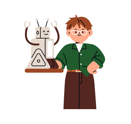 Boy holding robot model. School child studying robotics, technology, engineering. Elementary kid, tech student in glasses, android bot in hand. Flat vector illustration isolated on white backgroundのイラスト素材