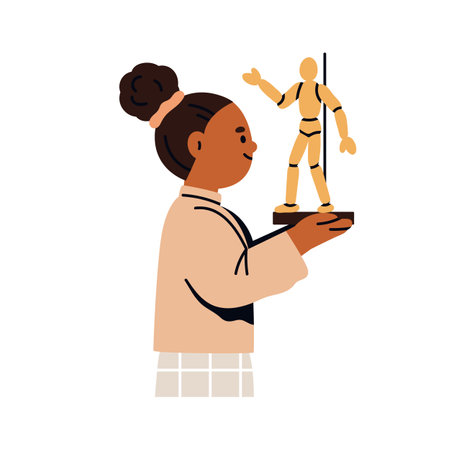 Girl child holding wooden mannequin model for anatomy study and drawing lessons. Art student, school kid learning, looking at human figure, body. Flat vector illustration isolated on white backgroundのイラスト素材