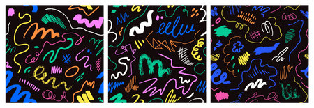 Doodles and scribbles pattern. Seamless textures set, crayon and pencil line drawings. Abstract...