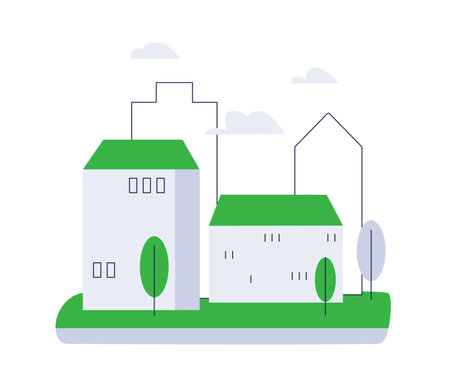 Green urban environment concept. Eco-friendly buildings, houses. Clean city, sustainable architecture development. Cityscape with trees. Flat vector illustration isolated on white backgroundのイラスト素材