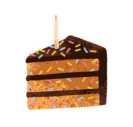 Birthday cake slice. Layered dessert with chocolate cream and sponge, cut piece with festive...
