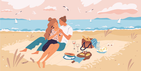 Love couple, beach picnic, romantic date by sea. Man and woman sitting on blanket on coast, hugging and embracing outdoors on seaside summer vacation, holiday leisure time. Flat vector illustrationのイラスト素材