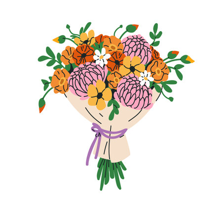 Flower bouquet, floral gift. Blooming buds and leaf, bunch wrapped in paper. Festive decoration, modern romantic blossoms mix bundle. Colored flat vector illustration isolated on white backgroundのイラスト素材