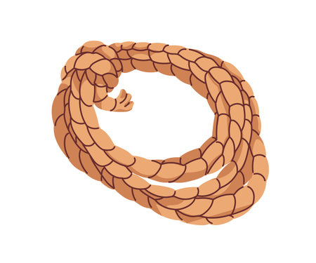 Rope, strong cord coiled in loops. Thick braided hemp twine, sturdy binding accessory, tool. Rough string stacked, tied with knot. Flat graphic vector illustration isolated on white backgroundのイラスト素材