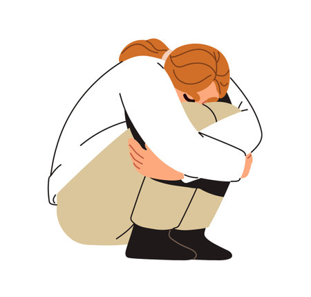Sad depressed woman in despair and grief mood, sitting curled up, hugging knees. Frustrated desperate upset female, overwhelmed by sorrow. Flat vector illustration isolated on white backgroundのイラスト素材