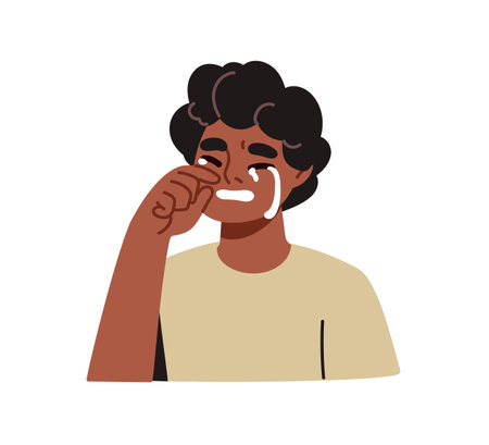 Crying weeping kid. Sad tearful child wiping tears with hand. Depressed frustrated desperate boy sobbing in despair, sorrow, misery, grief. Flat vector illustration isolated on white backgroundのイラスト素材