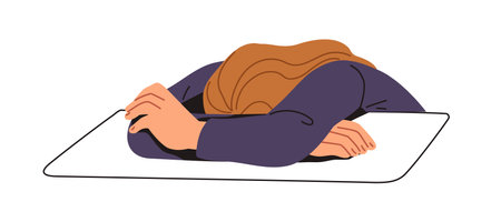Exhausted frustrated woman resting with head down on table. Overworked tired fatigue female in frustration. Emotional exhaustion, burnout concept. Flat vector illustration isolated on white backgroundのイラスト素材