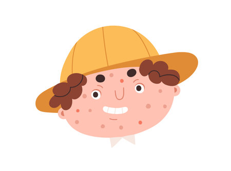 Boy avatar, face with freckles, moles and pimples. Quirky weird funny kid character in hat, smiling, head portrait. Nerd child, user profile. Flat vector illustration isolated on white backgroundのイラスト素材