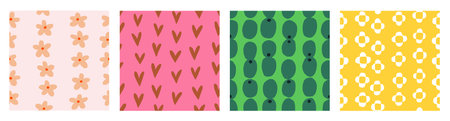 Seamless floral patterns set with cute hand-drawn flowers, hearts. Modern naive feminine background design for fabric, textile, wrapping. Repeating texture, endless prrint. Flat vector illustrationのイラスト素材