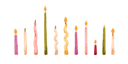 Festive candles set. Birthday party decoration in modern style. Taper, spiral, curved stick designs. Decorative holiday accessories, lit decor. Flat vector illustration isolated on white backgroundのイラスト素材