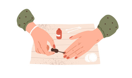 Woman applying nail polish, varnish with brush. Self-care beauty routine, neat red manicure. Female girls hands during fingernail treatment. Flat vector illustration isolated on white backgroundのイラスト素材