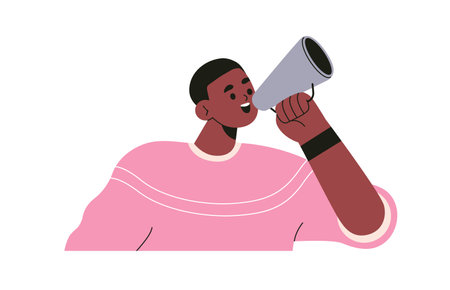 Black man speaking with megaphone for announcement, information, statement, communication. Happy speaker character with bullhorn, loudspeaker. Flat vector illustration isolated on white backgroundのイラスト素材