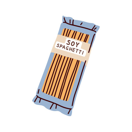 Spaghetti, soy pasta package. Vegan plant-based product, healthy protein alternative. Soybean noodles. Asian organic eco soya food. Flat graphic vector illustration isolated on white backgroundのイラスト素材