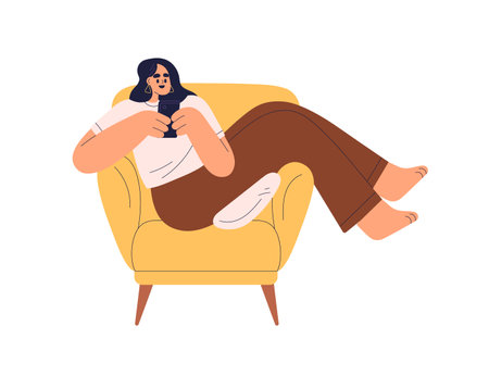 Woman with mobile phone, sitting in cozy armchair. Female relaxing with smartphone. Happy girl surfing internet, using social media at leisure. Flat vector illustration isolated on white backgroundのイラスト素材