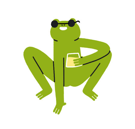 Funny frog holding lemonade glass. Cute happy smiling animal character in sunglasses drinking alcohol beverage, enjoying in humor pose. Comic flat vector illustration isolated on white backgroundのイラスト素材