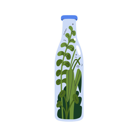 Glass bottle, green plants inside. Eco-friendly natural organic decor. Environment conservation, ecology and zero-waste concept. Botanical flat vector illustration isolated on white backgroundのイラスト素材