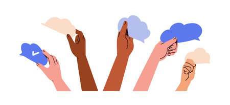 Hands holding a blank speech bubbles, clouds with ideas, information, thoughts. Communication, opinion, feedback, dialogue concept. Flat vector illustrations set isolated on white backgroundのイラスト素材