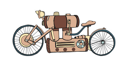 Steampunk motorcycle with retro-futuristic design. Vintage 19th-century vehicle, steam engine. Sci-fi transport, industrial mechanical motorbike. Vector illustration isolated on white backgroundのイラスト素材
