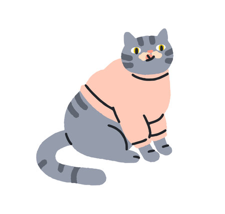 Cute funny cat in sweater, licking food from muzzle with tongue. Comic adorable kawaii feline pet, humor kitty sitting in clothing, eating. Flat vector illustration isolated on white backgroundのイラスト素材