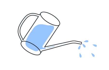 Watering can, pot pouring drops, sprinkles. Gardening tool with spout, nozzle for spraying shower. Farming equipment, sprinkler. Contoured flat vector illustration isolated on white backgroundのイラスト素材