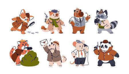 Cute animal detectives set. Funny spy and investigator characters looking for clues, investigating with magnifying glass, binoculars. Kids flat vector illustration isolated on white backgroundのイラスト素材