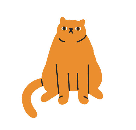 Funny fat cat looking. Cute mem feline in awkward pose, staring with curious expression, clumsy posture, humorous behavior. Comic kitty waiting. Flat vector illustration isolated on white backgroundのイラスト素材