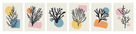 Coral and seaweed branches, modern wall art, botanical interior posters set. Abstract marine cards with sea and ocean plants, exotic nature and organic geometric shapes. Flat vector illustrationsのイラスト素材