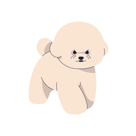 Bichon Frise puppy. Cute fluffy canine animal, little toy dog with amusing emotion. Adorable kawaii companion pet, pup, miniature doggy breed. Flat vector illustration isolated on white backgroundのイラスト素材