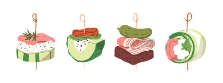 Finger food set. Canapes, tapas, cold snacks on toothpicks. Banquet starters with salmon, cucumber, cheese, bread, bacon and pickle on sticks. Flat vector illustration isolated on white backgroundのイラスト素材