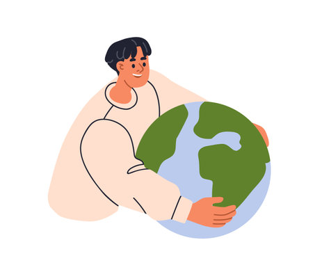 Earth care, saving planet concept. Human embracing globe. Holding, hugging world for ecology protection, environment conservation. Eco firendly flat vector illustration isolated on white backgroundのイラスト素材