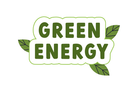 Green energy sticker. Eco-friendly sustainable renewable clean resources, ecology, design element with leaves. Natural ecological electricity. Flat vector illustration isolated on white backgroundのイラスト素材