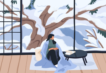 Woman relaxing by window with winter landscape view. Calm rest alone, enjoying snow outside, sitting in cozy warm house interior. Home relaxation in peace and solitude. Flat vector illustrationのイラスト素材