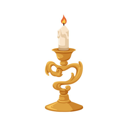 Candleholder, vintage brass chamberstick with ornate baroque design, Lit taper candle in candlestick, retro style golden light holder. Flat cartoon vector illustration isolated on white backgroundのイラスト素材